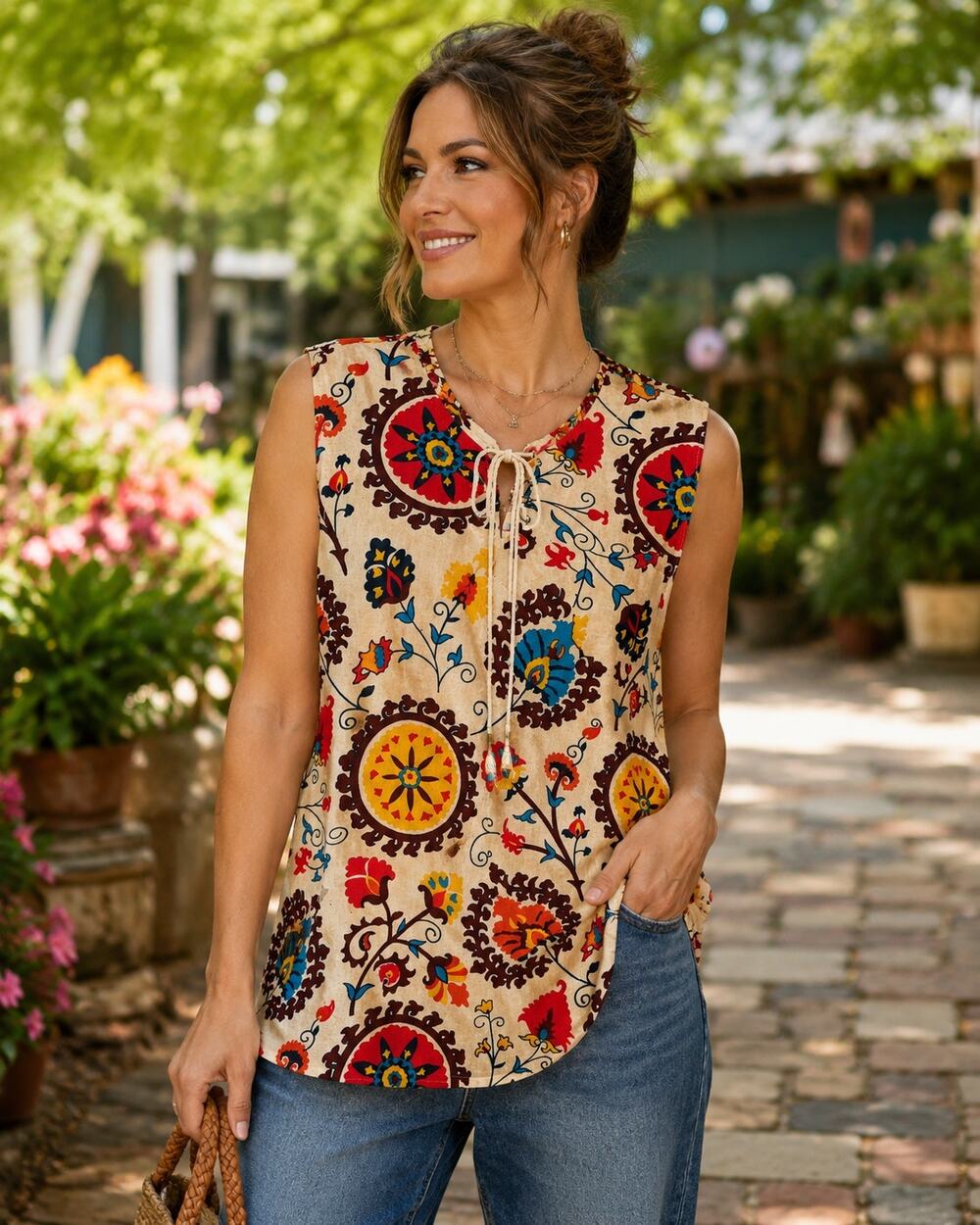 Boho Folk Artsy Floral Sleeveless Tie Neck Blouse Cream Cotton  Women's M